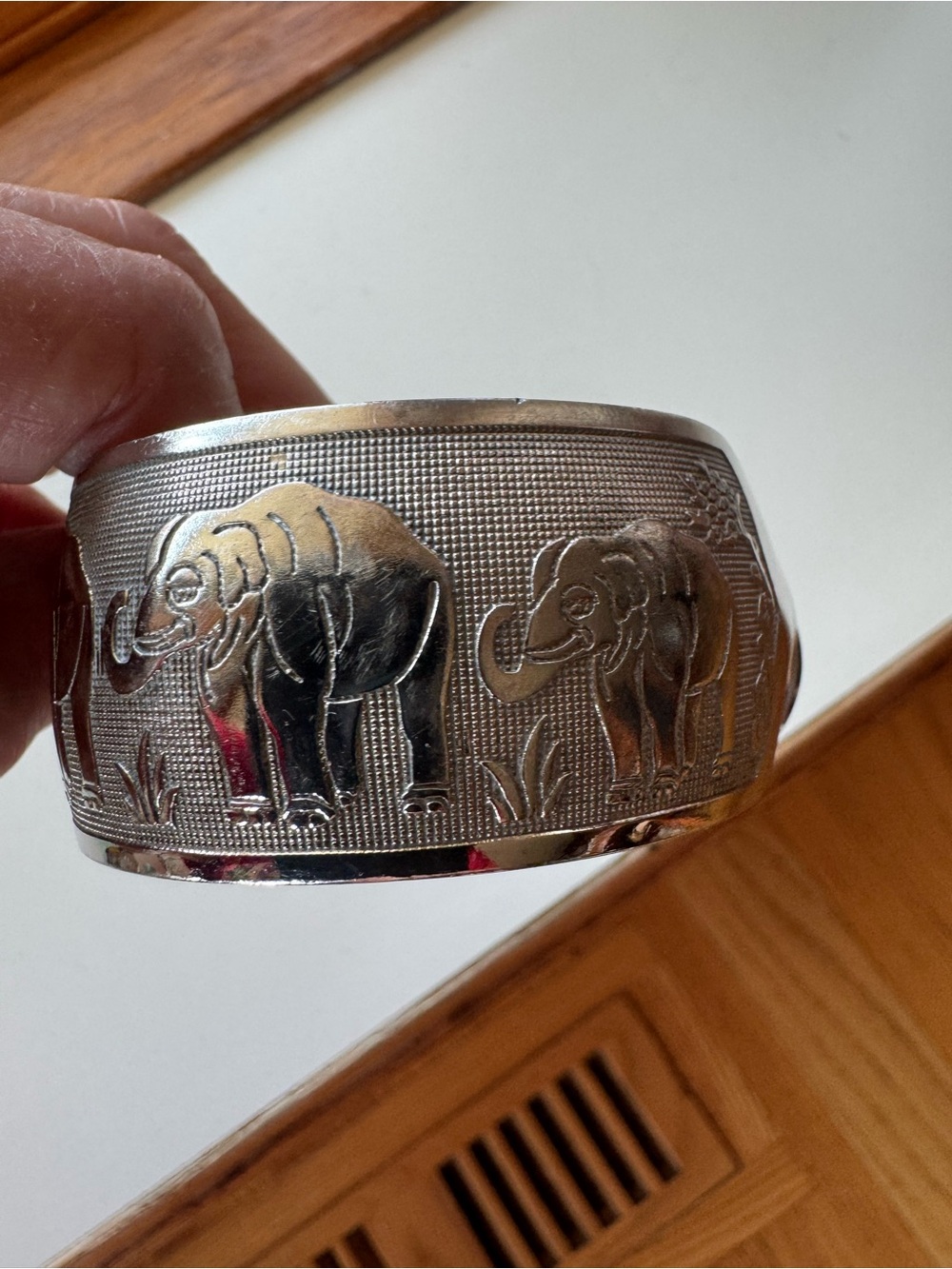 "Vintage Silver plated Cuff," "Embossed Elephant Parade," "Trunk Up Good Luck,"